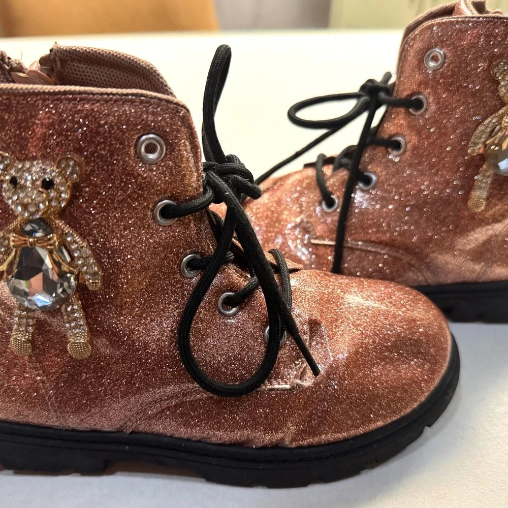 Kids Glitter Lace-Up Boots with Teddy Jewel Accent - Rose Gold